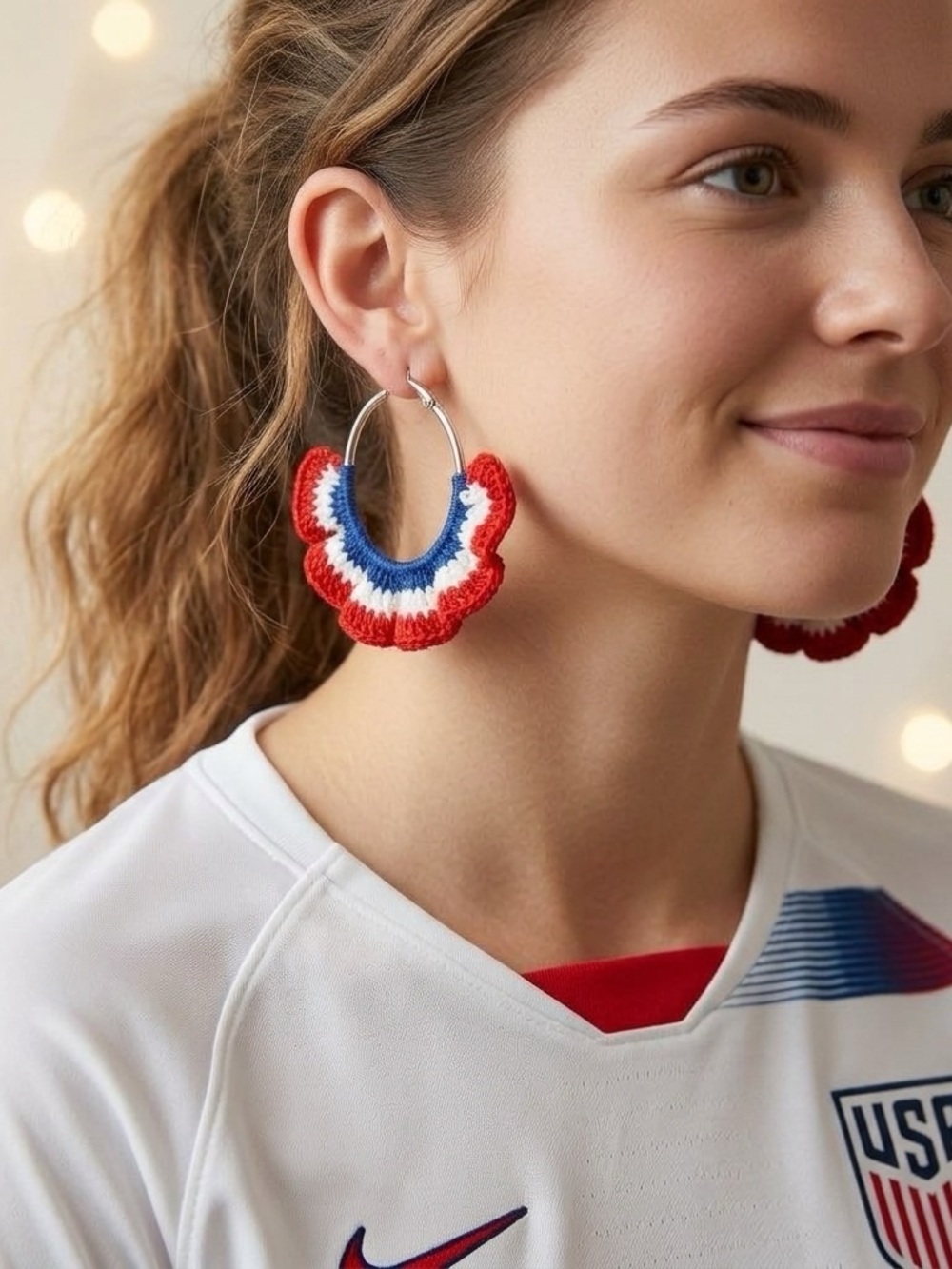 Crochet Ruffle Hoop Earrings in Red, White & Blue